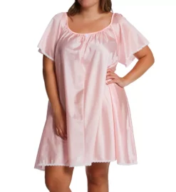 Amanda Rich Plus Size Nylon Tricot Knee Length Nightgown – Lace Trim Short Sleeve Sleepwear