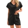 Amanda Rich Satin PJ Sleep Tee and Short Set – Lightweight V-Neck 2-Piece Loungewear