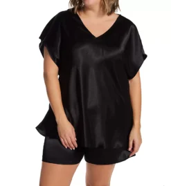 Amanda Rich Plus Size Lustrous Satin PJ Set – V-Neck Batwing Sleeve Sleep Tee & Shorts