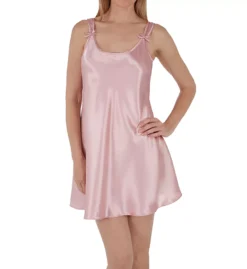 Amanda Rich Satin Bias Cut Short Gown – Silky Scoop Neck Chemise Nightgown