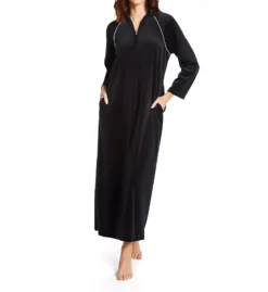 Amanda Rich Velour Zip Front Robe with Contrast Piping – Tassel Pull Long Raglan Sleeve Robe