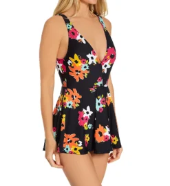Anne Cole Island Bloom Black Floral Plunge V-Neck Swim Dress