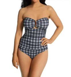 Anne Cole Box Plaid Bandeau One Piece Swimsuit – Keyhole Keyhole Design with Removable Halter Strap
