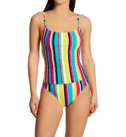Anne Cole Lawn Chair Multi-Stripe Shirred Torso Scoop Neck Maillot One Piece Swimsuit