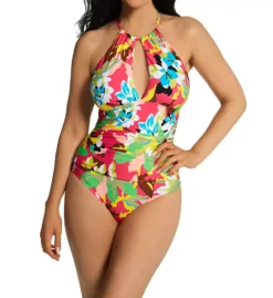 Anne Cole Cabana Party Floral High Neck One Piece Swimsuit – Keyhole Ruffle Detail