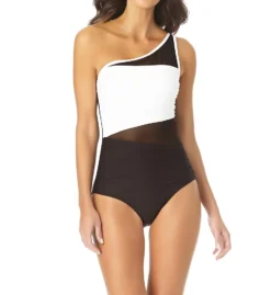 Anne Cole Meshing Around Color Block - Mesh Panel Shirred One Shoulder One Piece Swimsuit