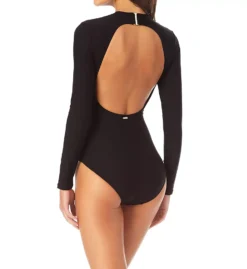 Anne Cole Think Outside The Sun Glossy Black Long Sleeve One-Piece Swimsuit – UPF 50+ Cut-Out Back Surf Suit -Her Room US anne cole anne01 mo08301 bs