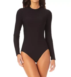 Anne Cole Think Outside The Sun Glossy Black Long Sleeve One-Piece Swimsuit – UPF 50+ Cut-Out Back Surf Suit