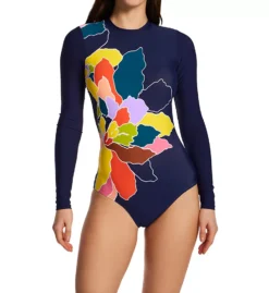 Anne Cole Petal Party Floral Long Sleeve Rash Guard – Open Back One Piece Swimsuit