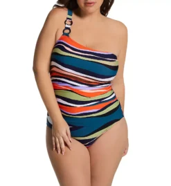 Anne Cole Plus Sandy Waves Asymmetric One Shoulder – Ruched One Piece Swimsuit