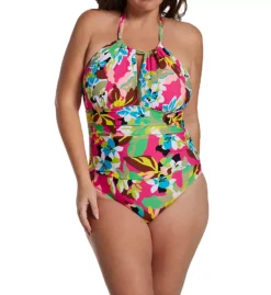 Anne Cole Plus Cabana Party High Neck One Piece Swimsuit – Navy Tropical Floral Ruched Front