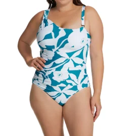 Anne Cole Plus Size Mari Botanical Teal Floral - Asymmetrical One Shoulder One Piece Swimsuit