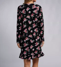 Aria Floral Print 100% Cotton Knit Long Sleeve Sleepshirt – Lace V-Neck with Ruffle Hem -Her Room US aria aria01 a30012 bs