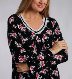 Aria Floral Print 100% Cotton Knit Long Sleeve Sleepshirt – Lace V-Neck with Ruffle Hem -Her Room US aria aria01 a30012 cs1
