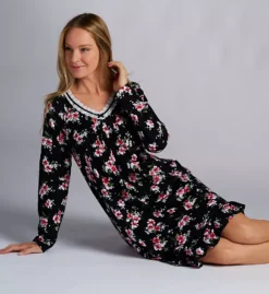 Aria Floral Print 100% Cotton Knit Long Sleeve Sleepshirt – Lace V-Neck with Ruffle Hem