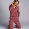 Aria Navy Floral Brushed 100% Cotton Knit Long Pant Pajama Set – Notch Collar PJ Set with Shell Buttons -Her Room US aria aria01 a90012 gs