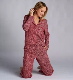 Aria Navy Floral Brushed 100% Cotton Knit Long Pant Pajama Set – Notch Collar PJ Set with Shell Buttons