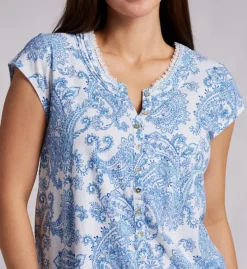 Aria Blue Paisley Brushed Cotton Jersey PJ Set – Floral Lace & Shell Button Sleepwear -Her Room US aria aria01 a90017 cs1