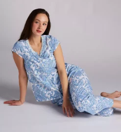 Aria Blue Paisley Brushed Cotton Jersey PJ Set – Floral Lace & Shell Button Sleepwear