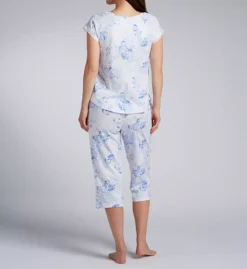 Aria Blue & White Floral Peached Cotton Capri Pajama Set – Lace Detail V-Neck Sleepwear -Her Room US aria aria01 a90023 bs