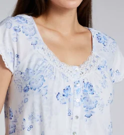 Aria Blue & White Floral Peached Cotton Capri Pajama Set – Lace Detail V-Neck Sleepwear -Her Room US aria aria01 a90023 cs2
