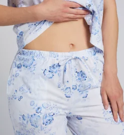 Aria Blue & White Floral Peached Cotton Capri Pajama Set – Lace Detail V-Neck Sleepwear -Her Room US aria aria01 a90023 cs3
