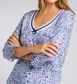 Aria Floral Brushed Cotton Jersey 3/4 Sleeve Pajama Set - Lace Trim Button-Up & Pants -Her Room US aria aria01 a90030 cs1
