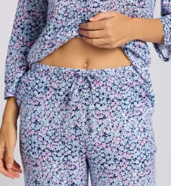 Aria Floral Brushed Cotton Jersey 3/4 Sleeve Pajama Set - Lace Trim Button-Up & Pants -Her Room US aria aria01 a90030 cs2
