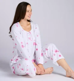 Aria Floral Brushed Cotton Jersey – Lace Trim Henley Pajama Set