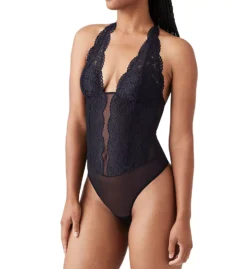 b.tempt'd Ciao Bella Black Lace and Sheer Mesh Plunging Halter Bodysuit
