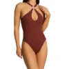 Becca Modern Edge Mikayla White with Black Trim - Ribbed High Neck Cut-Out One Piece Swimsuit -Her Room US becca bec01 541637 gs