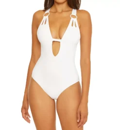 BECCA Skylar Black Plunge One Piece - Pearl O-Ring Strappy Back Swimsuit