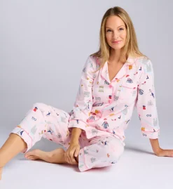 BedHead Pajamas 48 Hours In Paris – Cotton Stretch 3/4 Sleeve Cropped PJ Set with Pink Piping