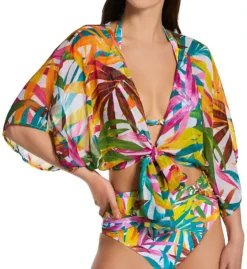Bleu Rod Beattie Fantasy Island Tropical Palm Print Chiffon Front-Tie Shirt Cover Up