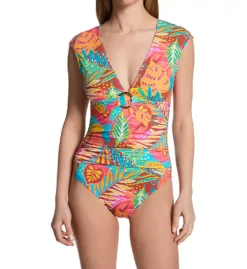 Bleu Rod Beattie Earthy Red Tropical Print Cap Sleeve Mio One Piece Swimsuit with Hammered Ring