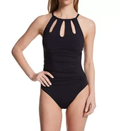 Bleu Rod Beattie Black Hi-Neck Mio – Teardrop Cut-Out Ruched One Piece Swimsuit