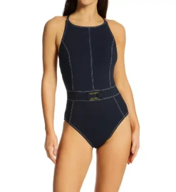 Bleu Rod Beattie Denim Blue Cross Back Mio – Belted One Piece Swimsuit with Gold Accents