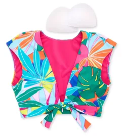Bleu Rod Beattie Life Of The Party Tropical Palm Tie Front Crop Swim Top - Cap Sleeve Plunge V-Neck -Her Room US bleu rod beattie bleu01 lp23199 cs6