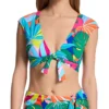 Bleu Rod Beattie Life Of The Party Tropical Palm Tie Front Crop Swim Top - Cap Sleeve Plunge V-Neck