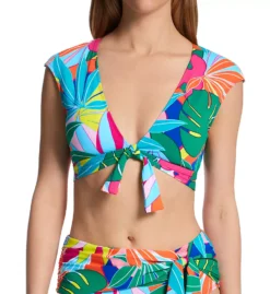 Bleu Rod Beattie Life Of The Party Tropical Palm Tie Front Crop Swim Top - Cap Sleeve Plunge V-Neck