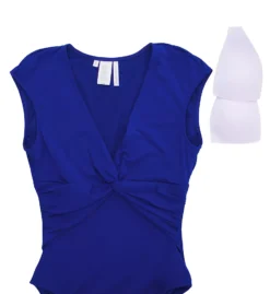 Bleu Rod Beattie Lets Get Twisted Mio - Solid Cap Sleeve Plunge V-Neck One Piece Swimsuit -Her Room US bleu rod beattie bleu01 lt23237 cs5