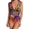 Bleu Rod Beattie Night Safari Tropical Leaf Cap Sleeve Mio – Plunge V-Neck Belted One Piece Swimsuit