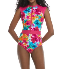 Body Glove Volcano Hot Pink Floral Tie-Dye – Stand Up Paddle Cap Sleeve Zip One-Piece Swimsuit