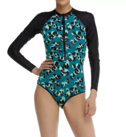 Body Glove Pounce Abstract Leopard & Black – Long Sleeve Zip Front Paddle One-Piece Swimsuit