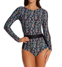 Body Glove Abloom Wave Floral Print Long Sleeve Paddle One-Piece Swimsuit - Multi/Black