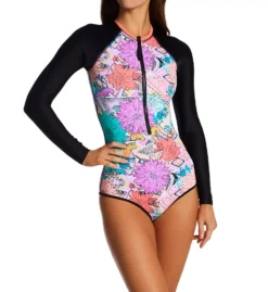 Body Glove Buzz Channel Long Sleeve Zip Front Paddle Swimsuit – Floral Patterned Performance One Piece