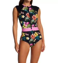 Body Glove Tropical Island Black Floral Zip-Up Short Sleeve One Piece Paddle Suit