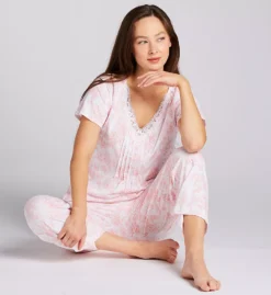 Carole Hochman Floral Print Lace V-Neck – Plus Size 100% Cotton Capri PJ Set