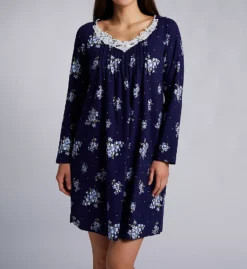 Carole Hochman Navy Bouquet Floral Cotton Knit Nightgown – Long Sleeve Lace Detail Short Gown -Her Room US carole hochman caho01 ch22668 fs