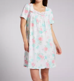 Carole Hochman Floral 100% Cotton Jersey Short Sleeve Lace Trim Short Gown